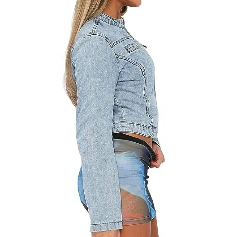 Cropped Denim Jacket with Zip Front, Stretchy Motorcycle Style